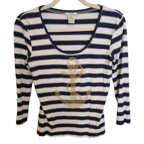 Cache Striped T Shirt Anchor Rhinestone Top Women XS Blue White Scoop Neck Top - Picture 1 of 8